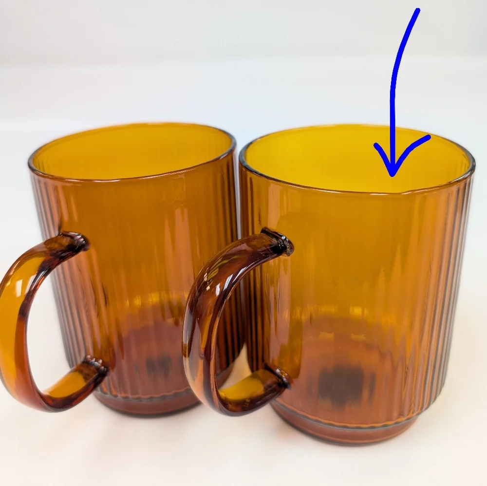 Vintage Amber Glass Coffee Mugs, Mid-Century Modern (MCM) Ribbed Fluted